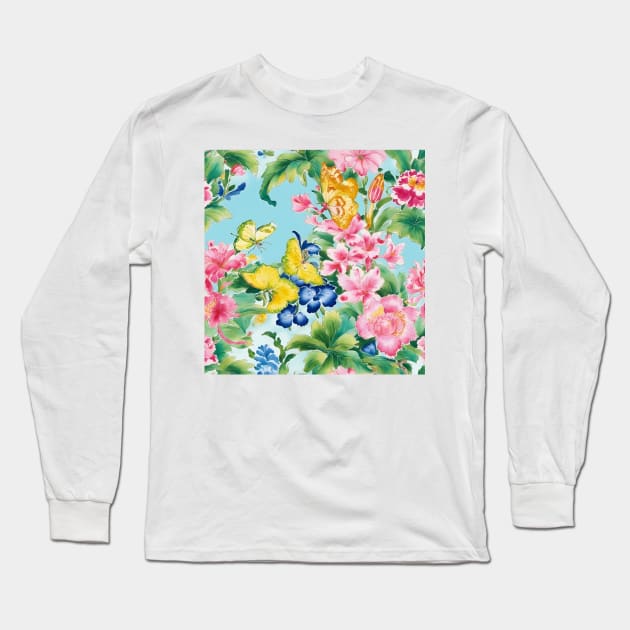 Peonies and butterflies on light turquoise Long Sleeve T-Shirt by SophieClimaArt